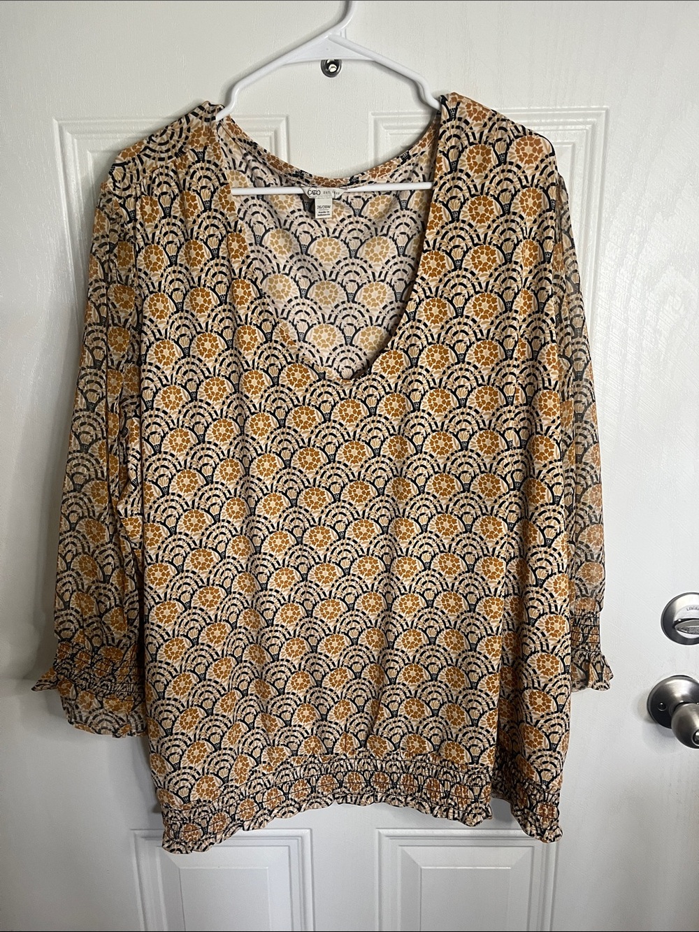 Cato Printed V-Neck Long Sleeve Blouse in Mustard and Cream